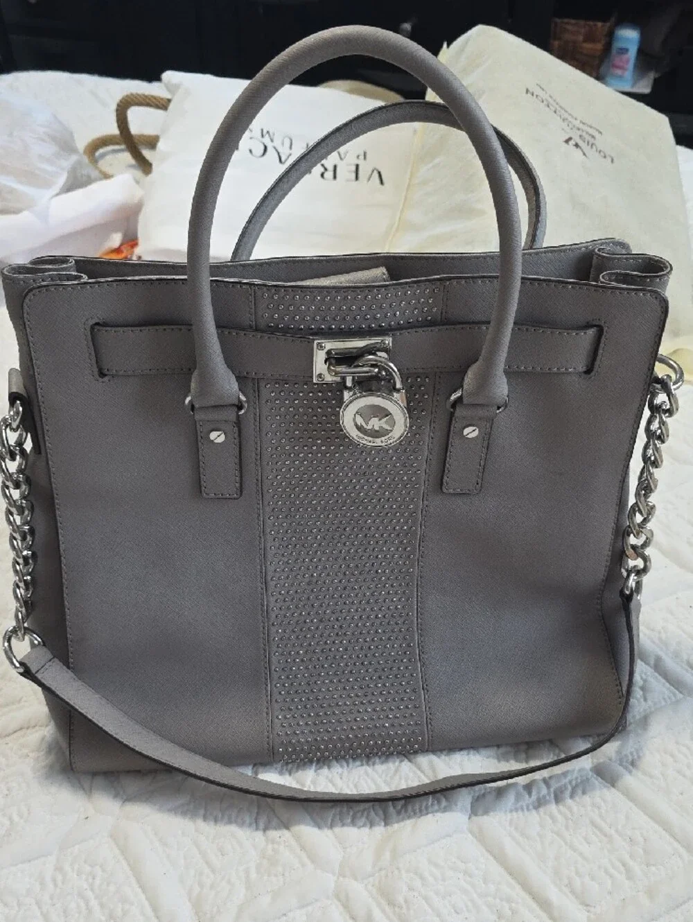 Michael Kors Silver-Gray Saffiano Studded Tote